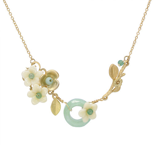 Garden Flower Leaf Crystal Bead Handmade Necklace Green