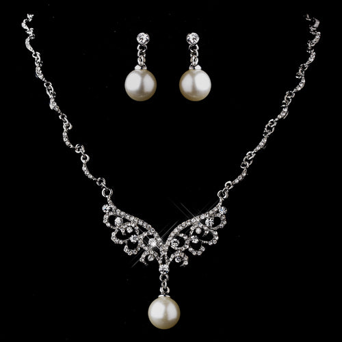 Bridal Wedding Jewelry Set Necklace Crystal Rhinestone Pearl Silver White Wing