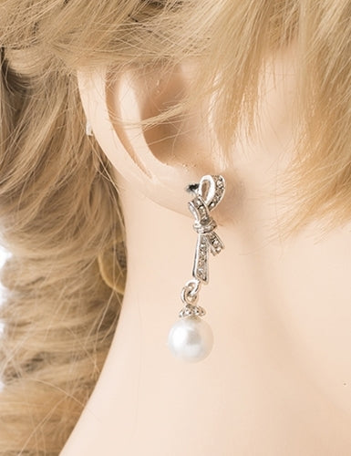 Bridal Wedding Jewelry Crystal Rhinestone Knot Pearl Dangle Earrings Silver