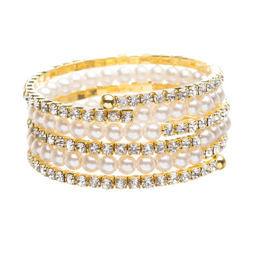 Bridal Wedding Jewelry Crystal Rhinestone Pearl Beautiful Wrap Bracelet B402 GD