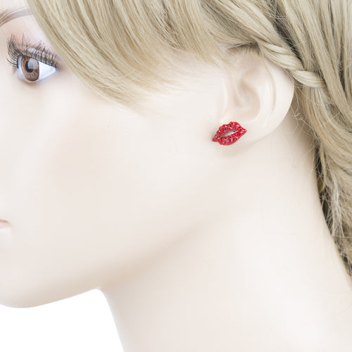 Fun Adorable Sparkling Lip Design Charm Stud Post Fashion Earrings E1202 Red
