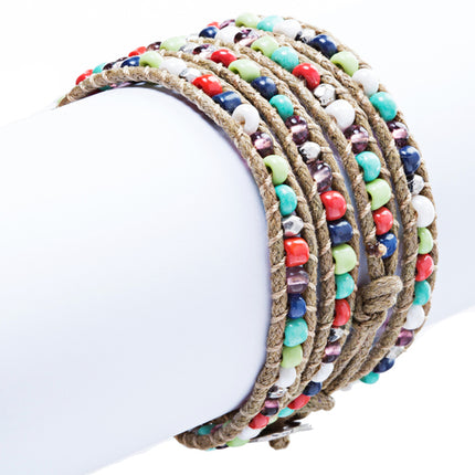Beaded Brown String Cord with Button Knot Closure Wrap Bracelet Multi-Colored - Accessoriesforever