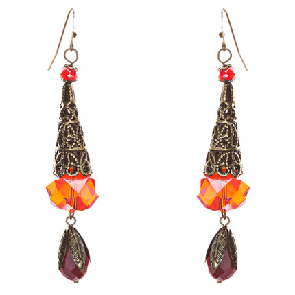 Bold Fashion Crystal Rhinestone Brassy Tear Drop Cone Design Earrings E841 Red