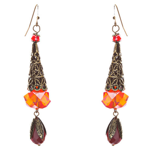Bold Fashion Crystal Rhinestone Brassy Tear Drop Cone Design Earrings E841 Red