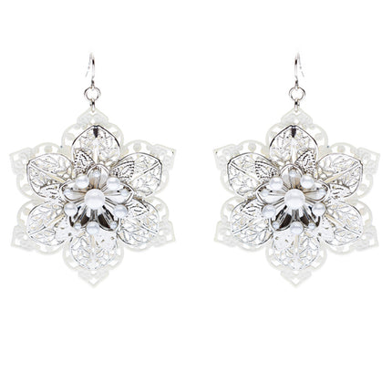 Glamorous Oversized Flower Layered Fashion Dangle Charm Earrings Silver