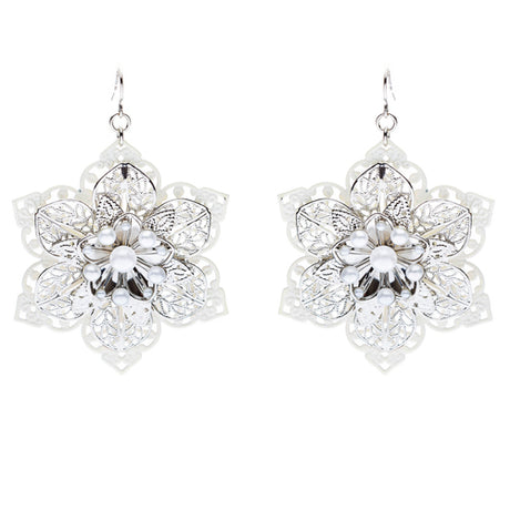 Glamorous Oversized Flower Layered Fashion Dangle Charm Earrings Silver