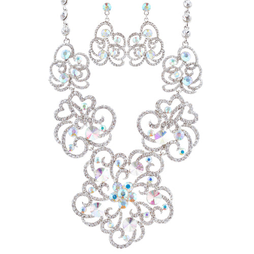 Bridal Wedding Jewelry Set Crystal Rhinestone Chunky Floral Necklace Silver AB