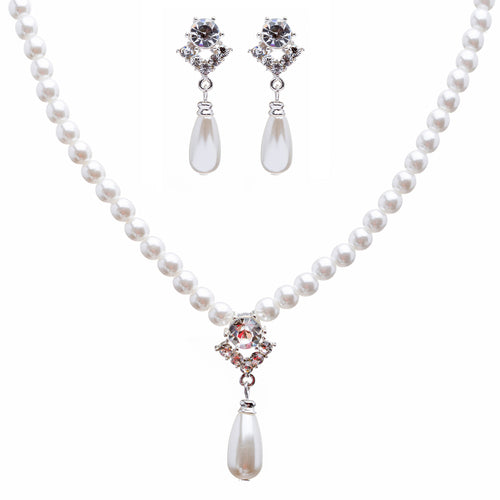 Bridal Wedding Jewelry Set Crystal Pearl Linear Teardrop Necklace
