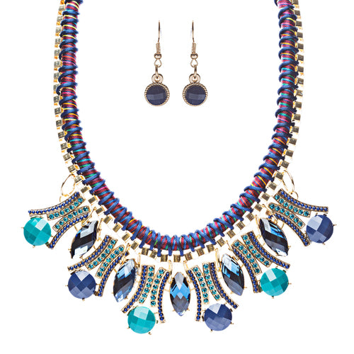 Statement Faceted Gem Bib Style Bold Fashion Necklace Set Gold Blue Navy