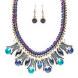 Statement Faceted Gem Bib Style Bold Fashion Necklace Set Gold Blue Navy