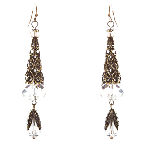 Bold Fashion Crystal Rhinestone Brassy Tear Drop Cone Design Earrings E841 Clear