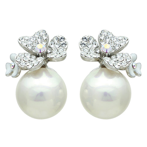 Bridal Wedding Jewelry Crystal Rhinestone Pearl Floral Stud Earring Silver Ivory