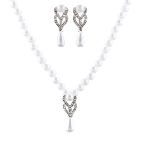Bridal Wedding Jewelry Set Crystal Vintage Single Strand Pearls Necklace Silver - Accessoriesforever