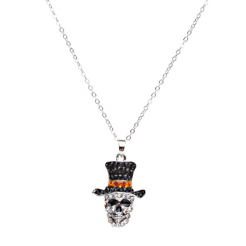 Halloween Costume Jewelry Crystal Rhinestone Dazzle Skull with Hat Necklace