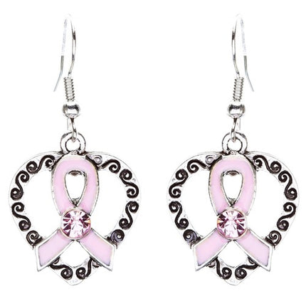 Pink Ribbon Jewelry Crystal Rhinestone Pretty Heart Ribbon Necklace JN256 Pink