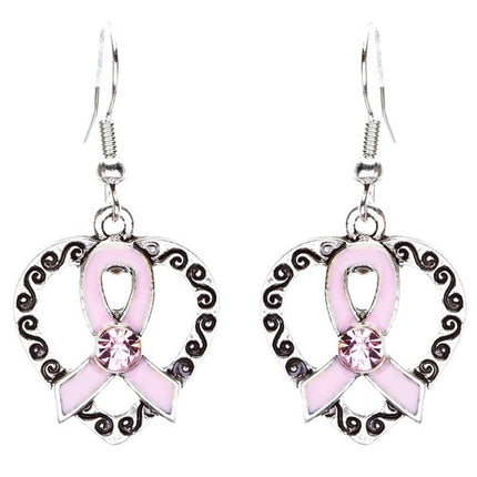 Pink Ribbon Jewelry Crystal Rhinestone Pretty Heart Ribbon Necklace JN256 Pink - Accessoriesforever