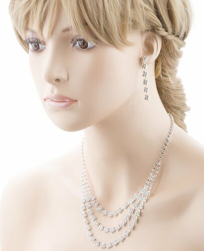 Bridal Wedding Jewelry Crystal Rhinestone Layered Links Necklace Set J664 Silver