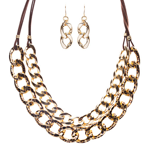 Modern Fashion Dainty Gold Plate Chain And Faux Leather Necklace Set JN226 Brown