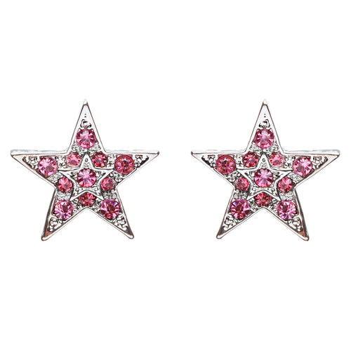 Twinkle Sparkle Crystal Double Star Stud Fashion Earrings Silver Tone Pink