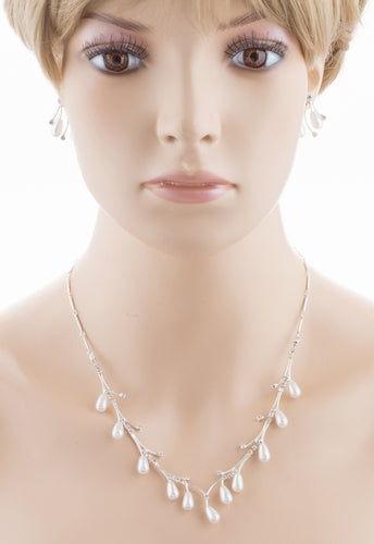 Bridal Wedding Jewelry Set Crystal Rhinestone Pear Dangle Pearls Link Necklace