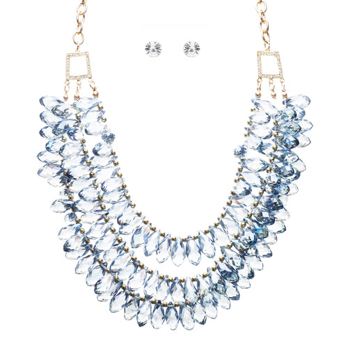 Beautiful Multi Layered Bib Design Cluster Bead Statement Necklace Set Blue