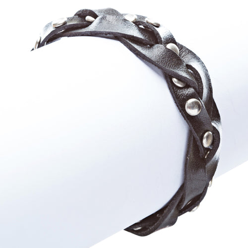 Wide Braid with T Clip Clasp Leather Bracelet Black