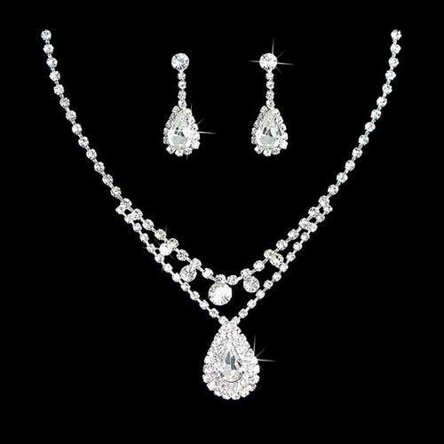 Bridal Wedding Jewelry Set Crystal Rhinestone 2-Strand Teardrop Necklace Silver - Accessoriesforever