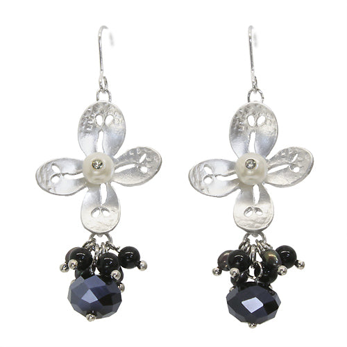 Semiprecious Crystal Cluster Drop Flower Earrings Black