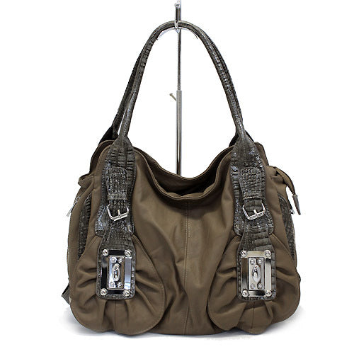 Leatherette Alligator Strap Buckle Decorated Tote Handbag Bag Charcoal Brown - Accessoriesforever