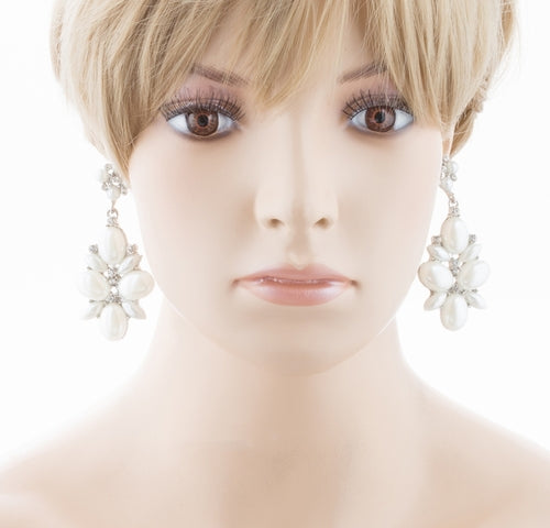 Bridal Wedding Jewelry Crystal Rhinestone Pearl Cluster Dangle Earrings Ivory - Accessoriesforever