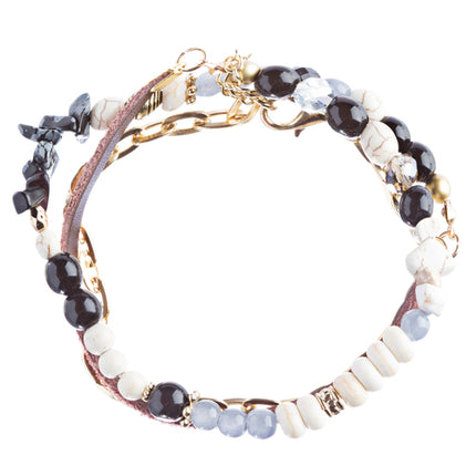 Beautiful Bead Stone Colorful Link Leather Cord Fashion Bracelet B445 Gold Black - Accessoriesforever