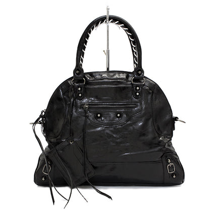 Faux Leather Leatherette Tassels Washing Design Flat Satchel Handbag Bag Black