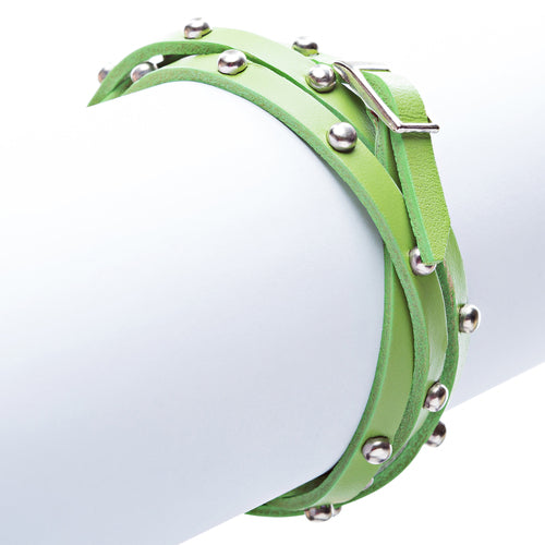 Green Silver Stud Italian Calf Leather Wrap Bracelet