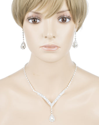 Bridal Wedding Jewelry Set  Necklace Earring Crystal Rhinestone V Drop J738 SV - Accessoriesforever