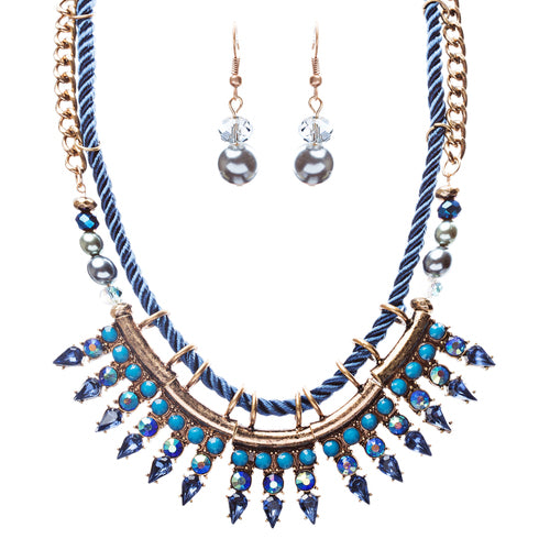 Statement Bib Style Curb Chain Bead Pearl Fabric Antique Gold Necklace Set Blue