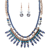 Statement Bib Style Curb Chain Bead Pearl Fabric Antique Gold Necklace Set Blue