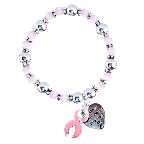 Pink Ribbon Breast Cancer Awareness Jewelry Heart Charm Stretch Fashion Bracelet