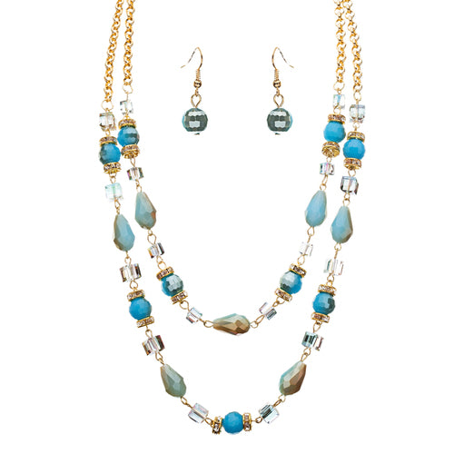 Fascinating Design Crystal Rhinestone Beaded Tear Drop Necklace Set JN182 Blue