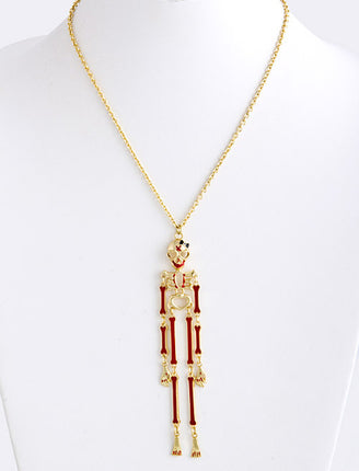 Halloween Costume Jewelry Articulate Skeleton Pendant Necklace N109 Gold Red - Accessoriesforever
