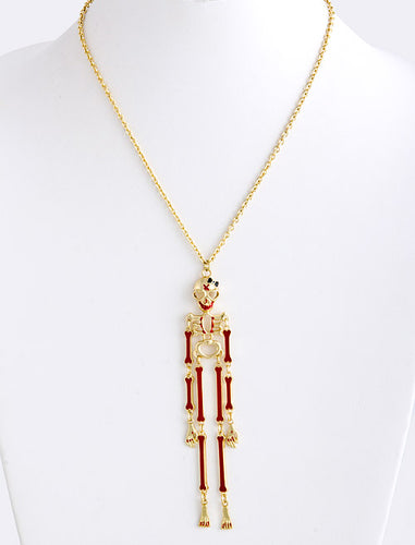 Halloween Costume Jewelry Articulate Skeleton Pendant Necklace N109 Gold Red