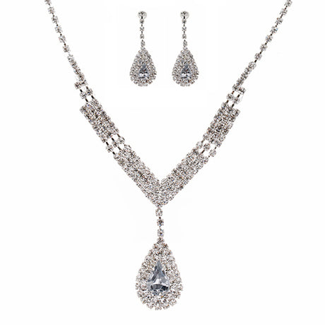 Bridal Wedding Jewelry Set Crystal Rhinestone V Teardrop Necklace Silver CL