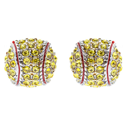 Sport Softball Crystal Rhinestone 14mm Drop Stud Fashion Earrings Silver Yellow