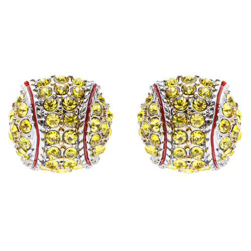 Sport Softball Crystal Rhinestone 14mm Drop Stud Fashion Earrings Silver Yellow - Accessoriesforever