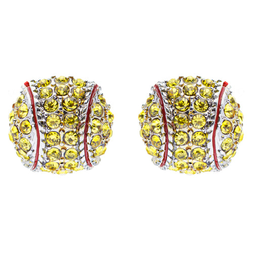 Sport Softball Crystal Rhinestone 14mm Drop Stud Fashion Earrings Silver Yellow