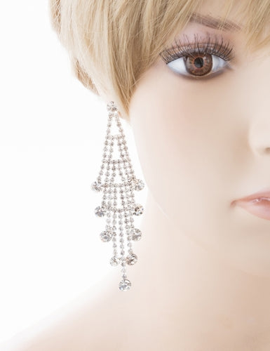 Bridal Wedding Jewelry Crystal Rhinestone Layered Linear Dangle Earrings Silver