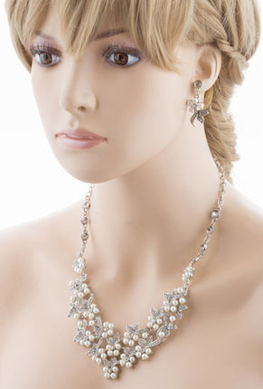 Bridal Wedding Jewelry Set Necklace Crystal Rhinestone Pearl Floral Bib Silver - Accessoriesforever