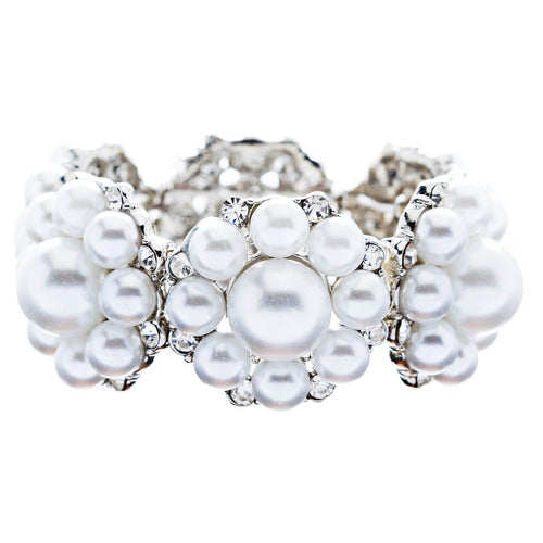 Bridal Wedding Jewelry Gorgeous Crystal Pearl Flower Stretch Bracelet Silver WT