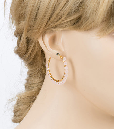 Crystal Wired Handmade Beautiful Fashion Dangle Hoop Earrings Gold Pink