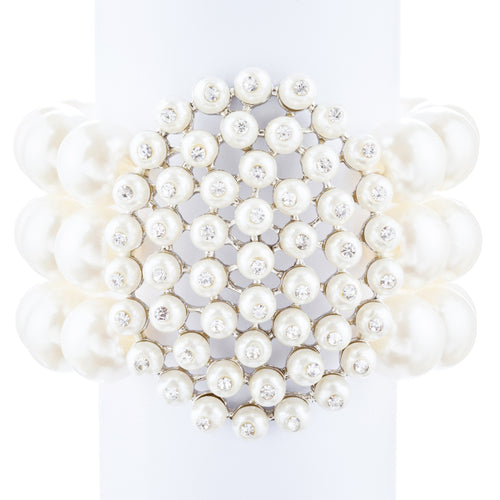 Bridal Wedding Jewelry LG Cluster Crystal Pearls Stretch Bracelet Silver Ivory - Accessoriesforever