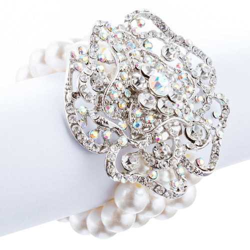 Bridal Wedding Jewelry LG Flower Crystal Pearls Stretch Bracelet Silver Ivory